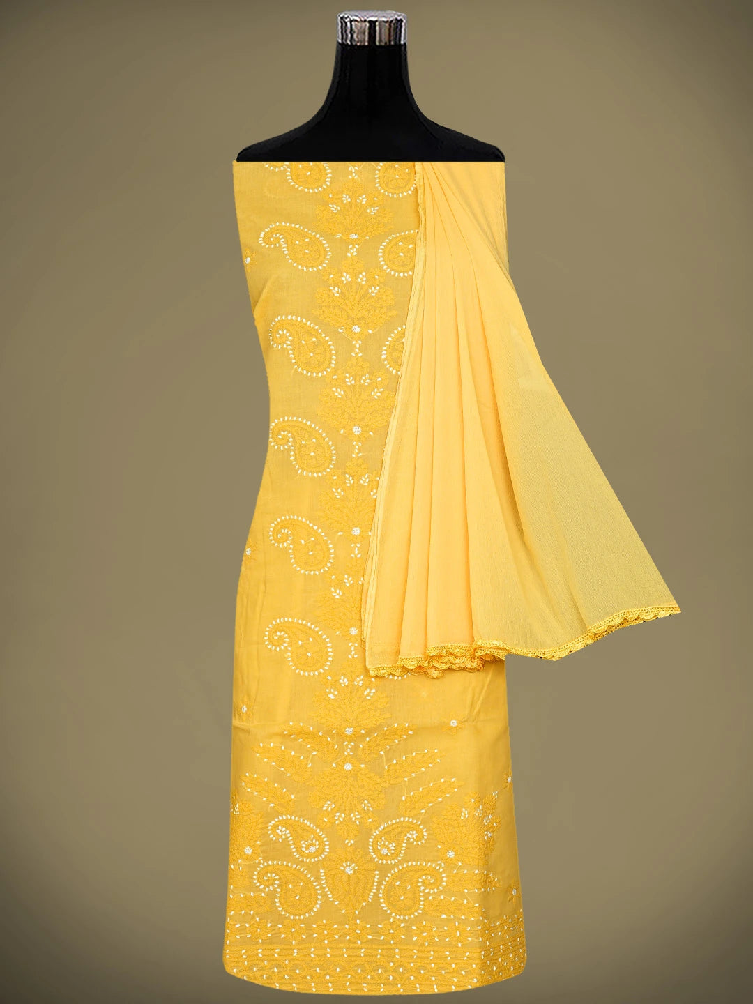 Ada Hand Embroidered Yellow Cotton Lucknowi Chikankari Unstitched Suit Piece 01A920523