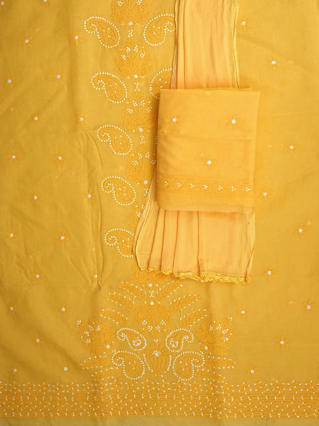 Ada Hand Embroidered Yellow Cotton Lucknowi Chikankari Unstitched Suit Piece 01A920523