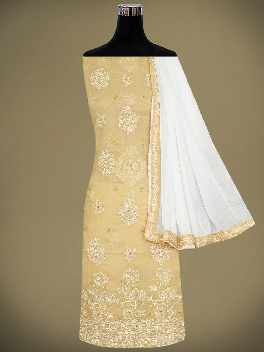 Ada Hand Embroidered Fawn Cotton Lucknowi Chikankari Unstitched Suit Piece 01A920988