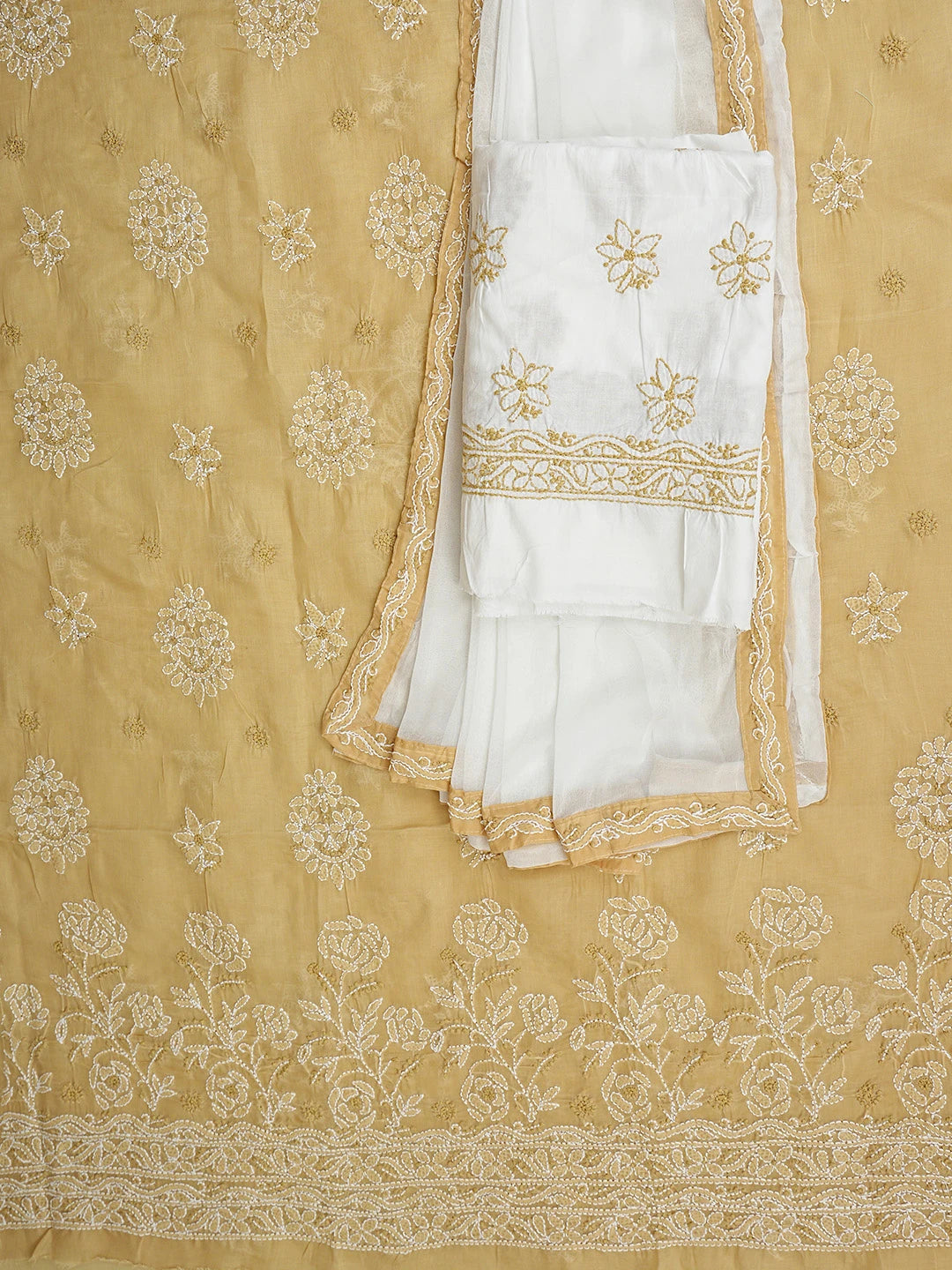 Ada Hand Embroidered Fawn Cotton Lucknowi Chikankari Unstitched Suit Piece 01A920988