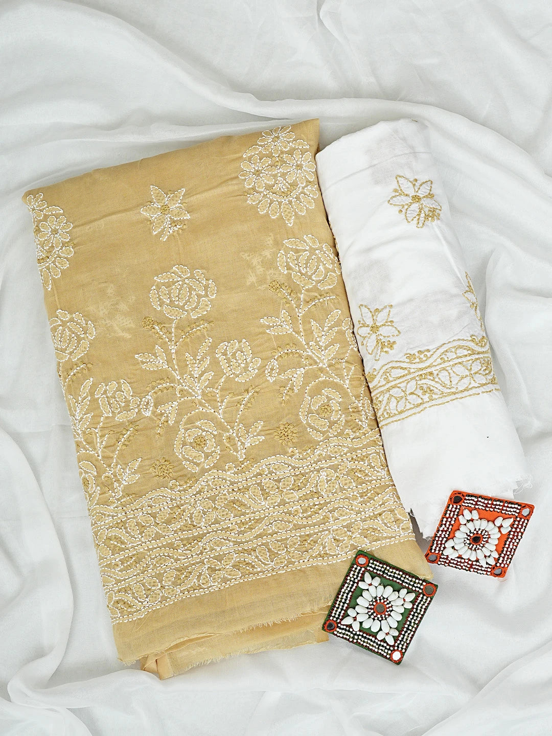 Ada Hand Embroidered Fawn Cotton Lucknowi Chikankari Unstitched Suit Piece 01A920988