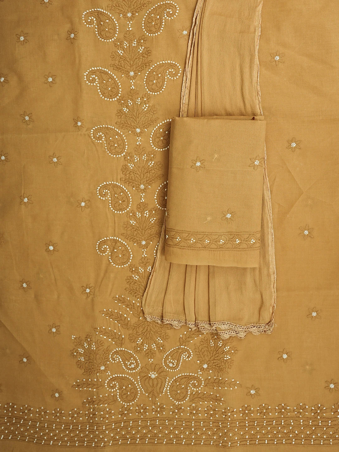 Ada Hand Embroidered Inca Gold Brown Cotton Lucknowi Chikankari Unstitched Suit Piece 01A920499