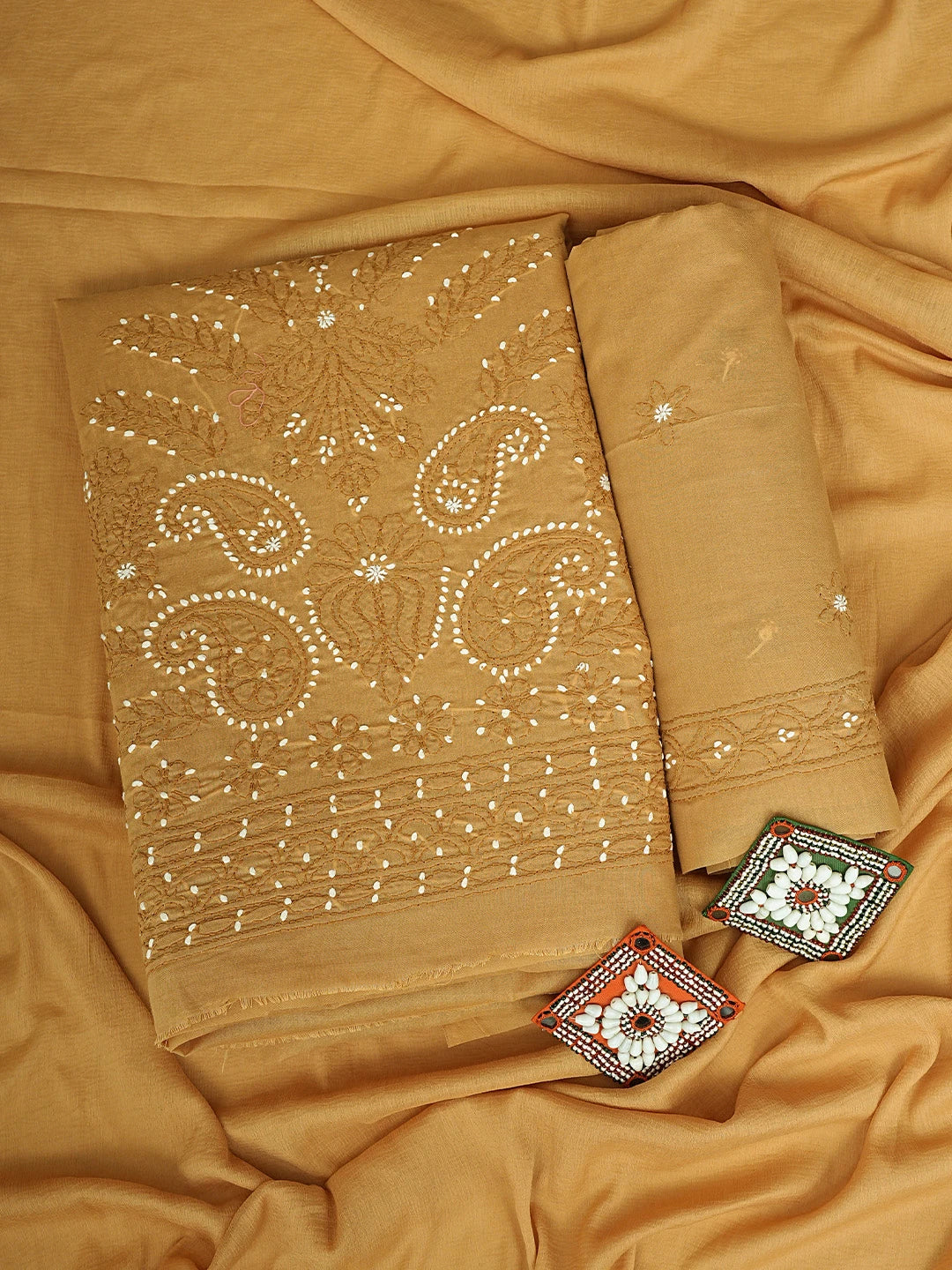 Ada Hand Embroidered Inca Gold Brown Cotton Lucknowi Chikankari Unstitched Suit Piece 01A920499