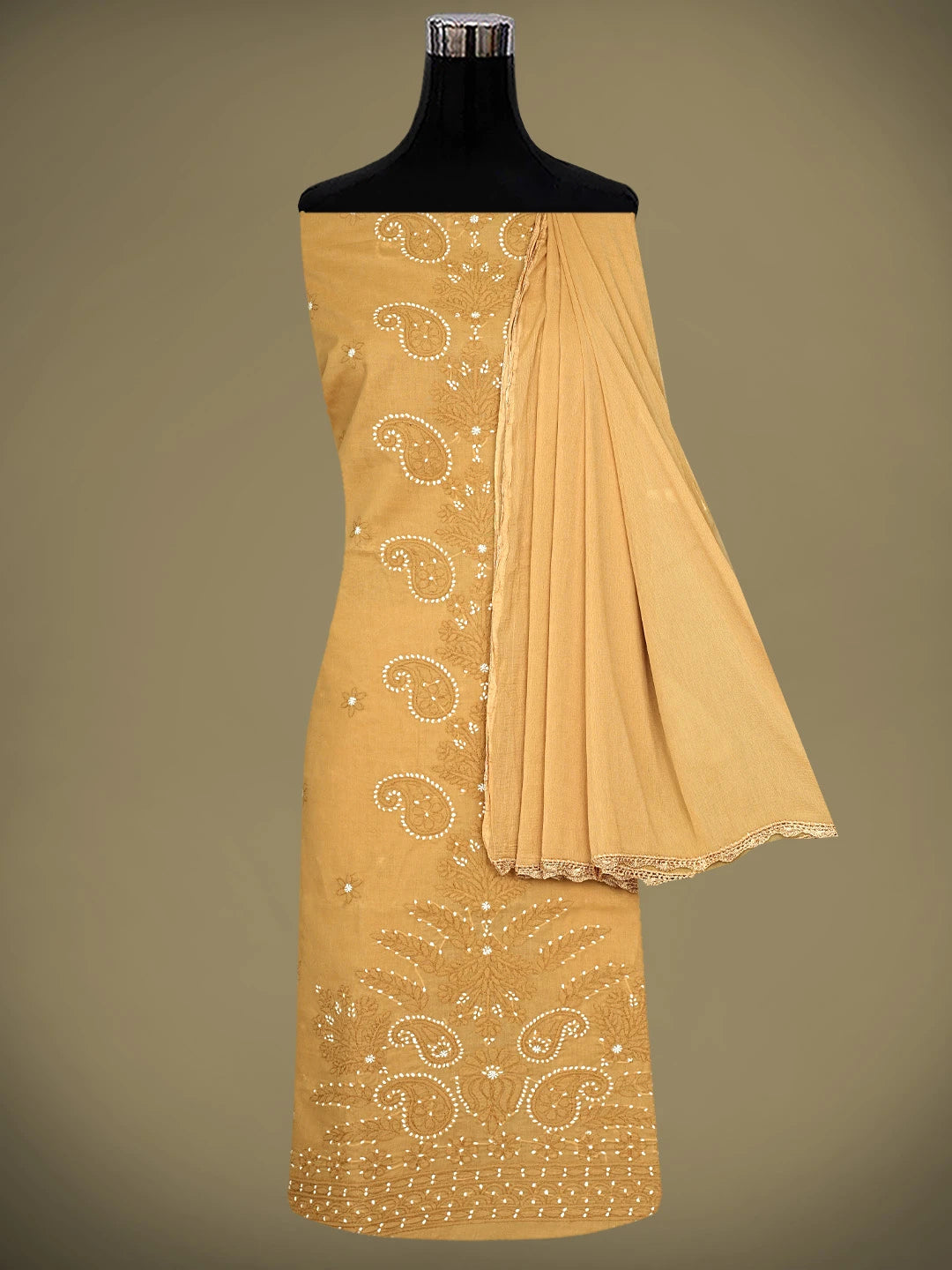 Ada Hand Embroidered Inca Gold Brown Cotton Lucknowi Chikankari Unstitched Suit Piece 01A920499