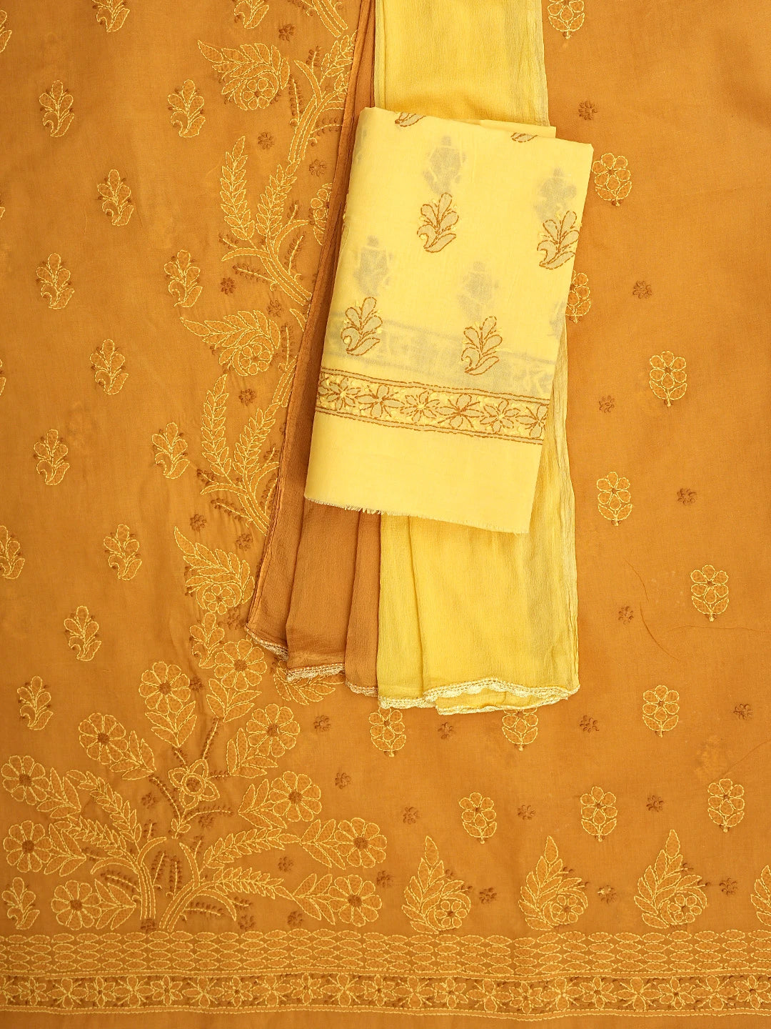 Ada Hand Embroidered Mustard Cotton Lucknowi Chikankari Unstitched Suit Piece 01A920527