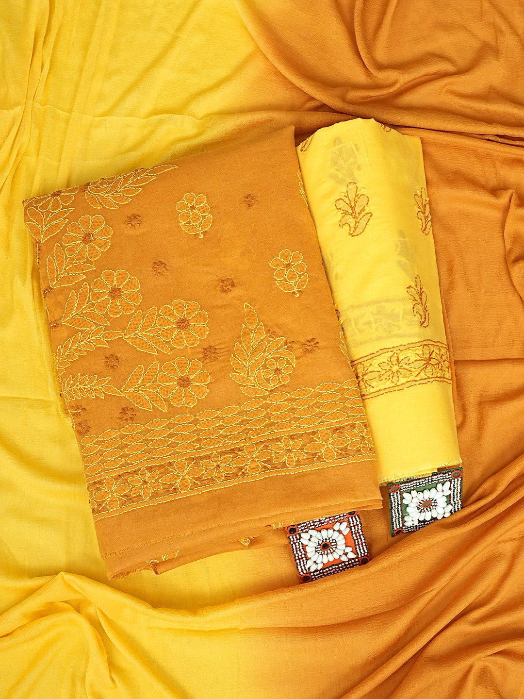 Ada Hand Embroidered Mustard Cotton Lucknowi Chikankari Unstitched Suit Piece 01A920527