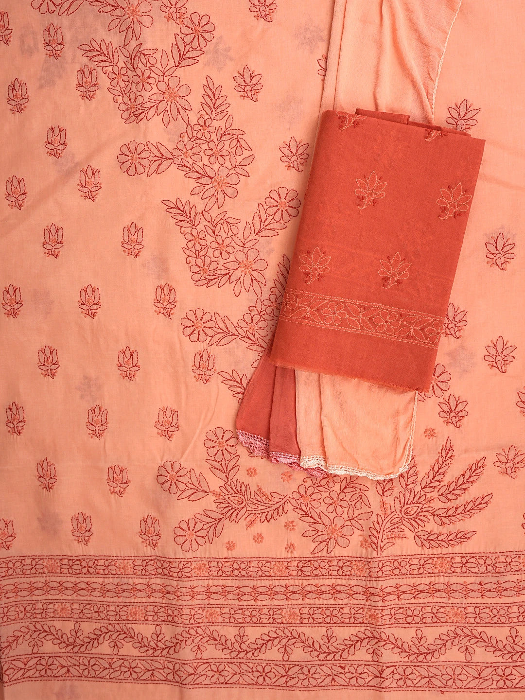 Ada Hand Embroidered Coral Glow Orange Cotton Lucknowi Chikankari Unstitched Suit Piece 01A920509