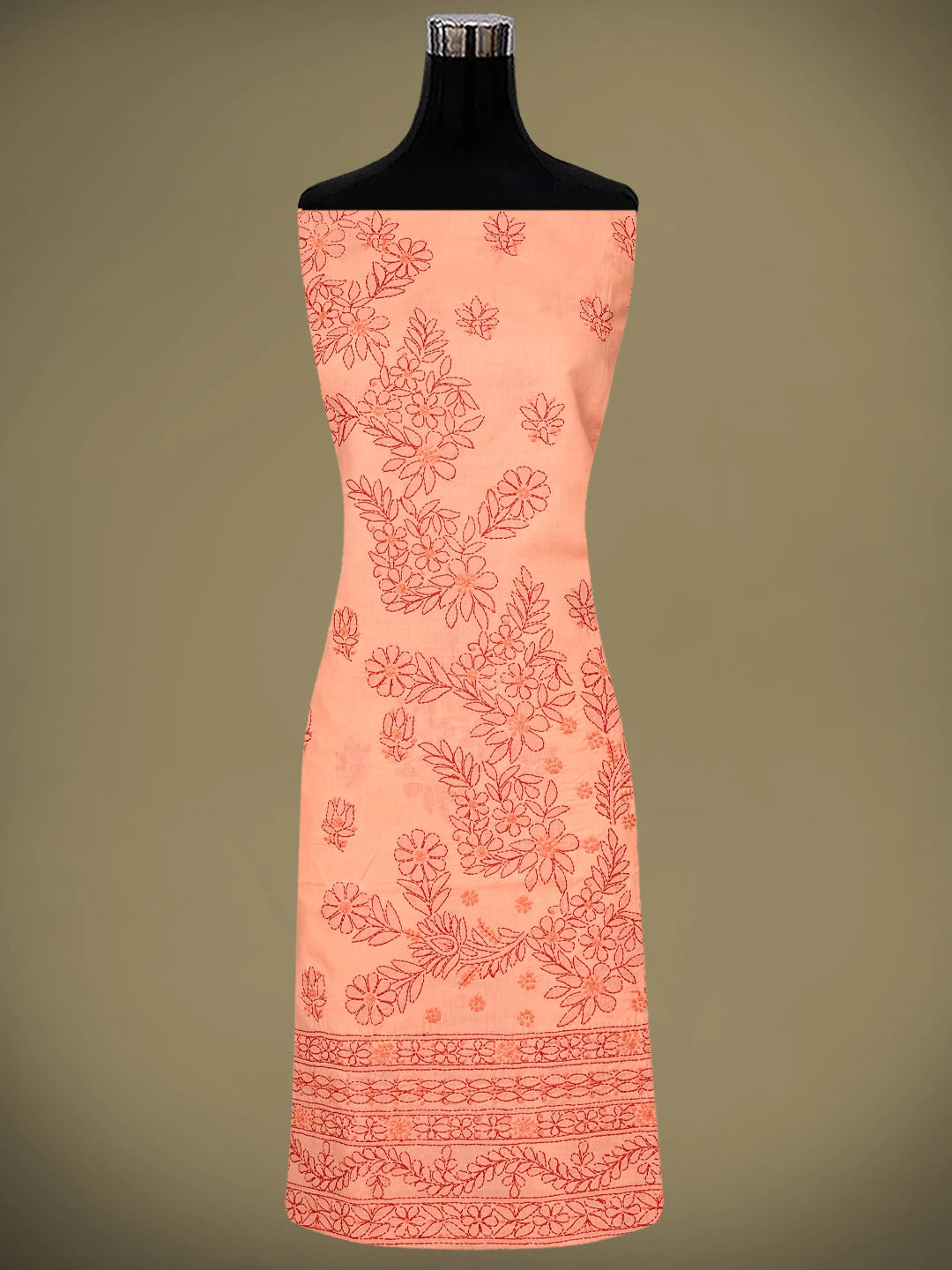Ada Hand Embroidered Coral Glow Orange Cotton Lucknowi Chikankari Unstitched Suit Piece 01A920509