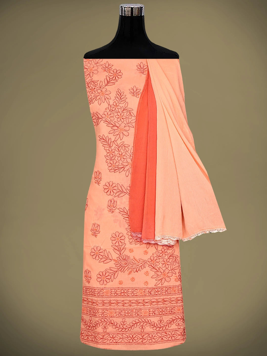 Ada Hand Embroidered Coral Glow Orange Cotton Lucknowi Chikankari Unstitched Suit Piece 01A920509