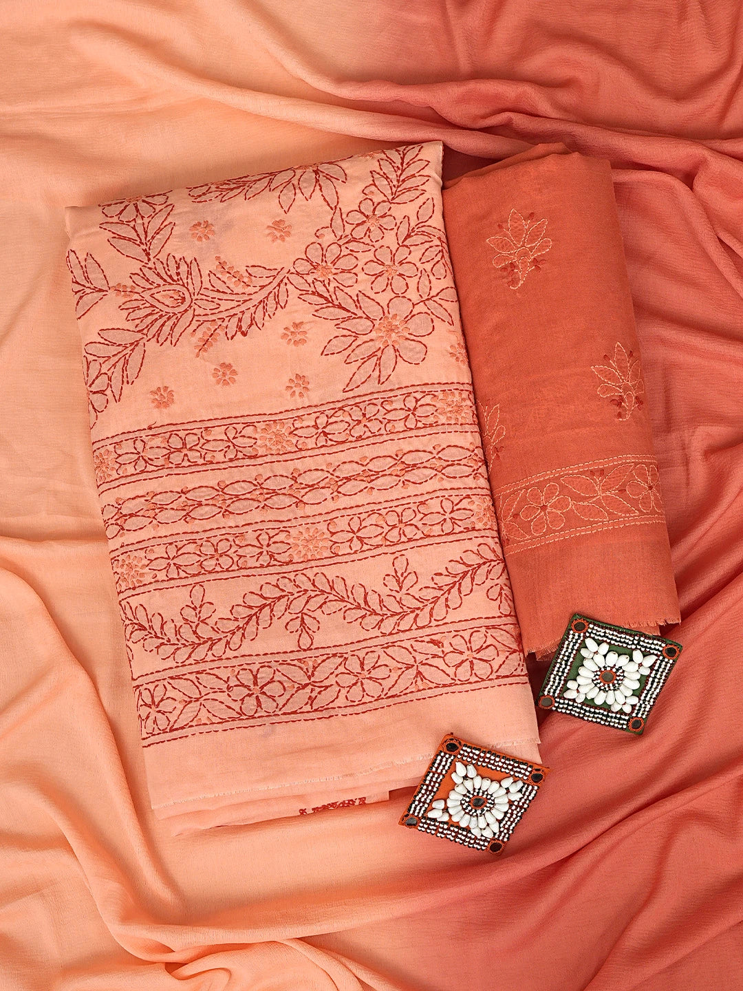 Ada Hand Embroidered Coral Glow Orange Cotton Lucknowi Chikankari Unstitched Suit Piece 01A920509