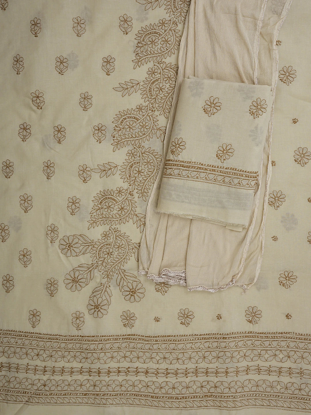 Ada Hand Embroidered Light Sand Brown Cotton Lucknowi Chikankari Unstitched Suit Piece 01A920497