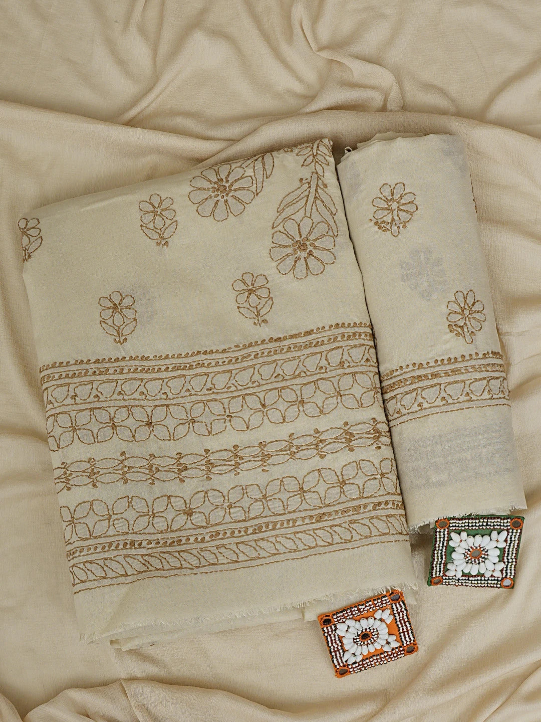 Ada Hand Embroidered Light Sand Brown Cotton Lucknowi Chikankari Unstitched Suit Piece 01A920497