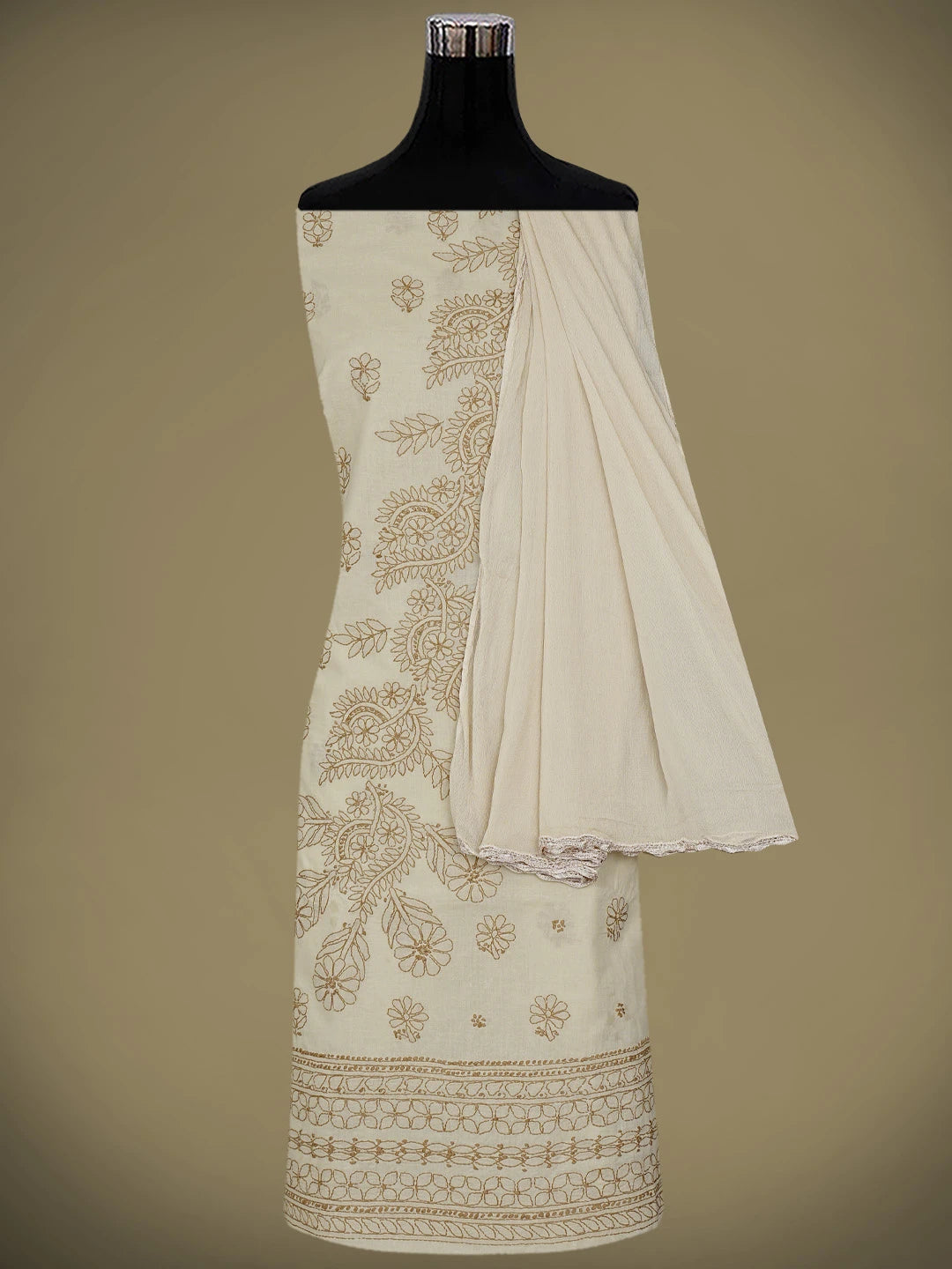 Ada Hand Embroidered Light Sand Brown Cotton Lucknowi Chikankari Unstitched Suit Piece 01A920497