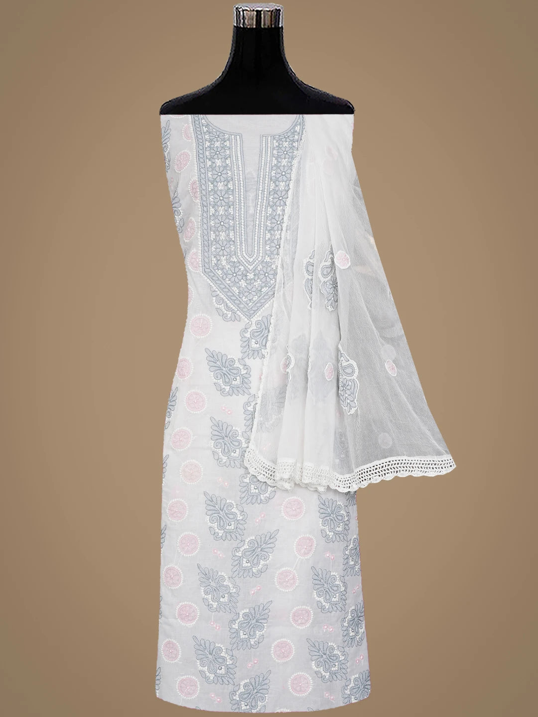 Ada Hand Embroidered Floral White Cotton Lucknowi Chikankari Unstitched Suit Piece 01A919383