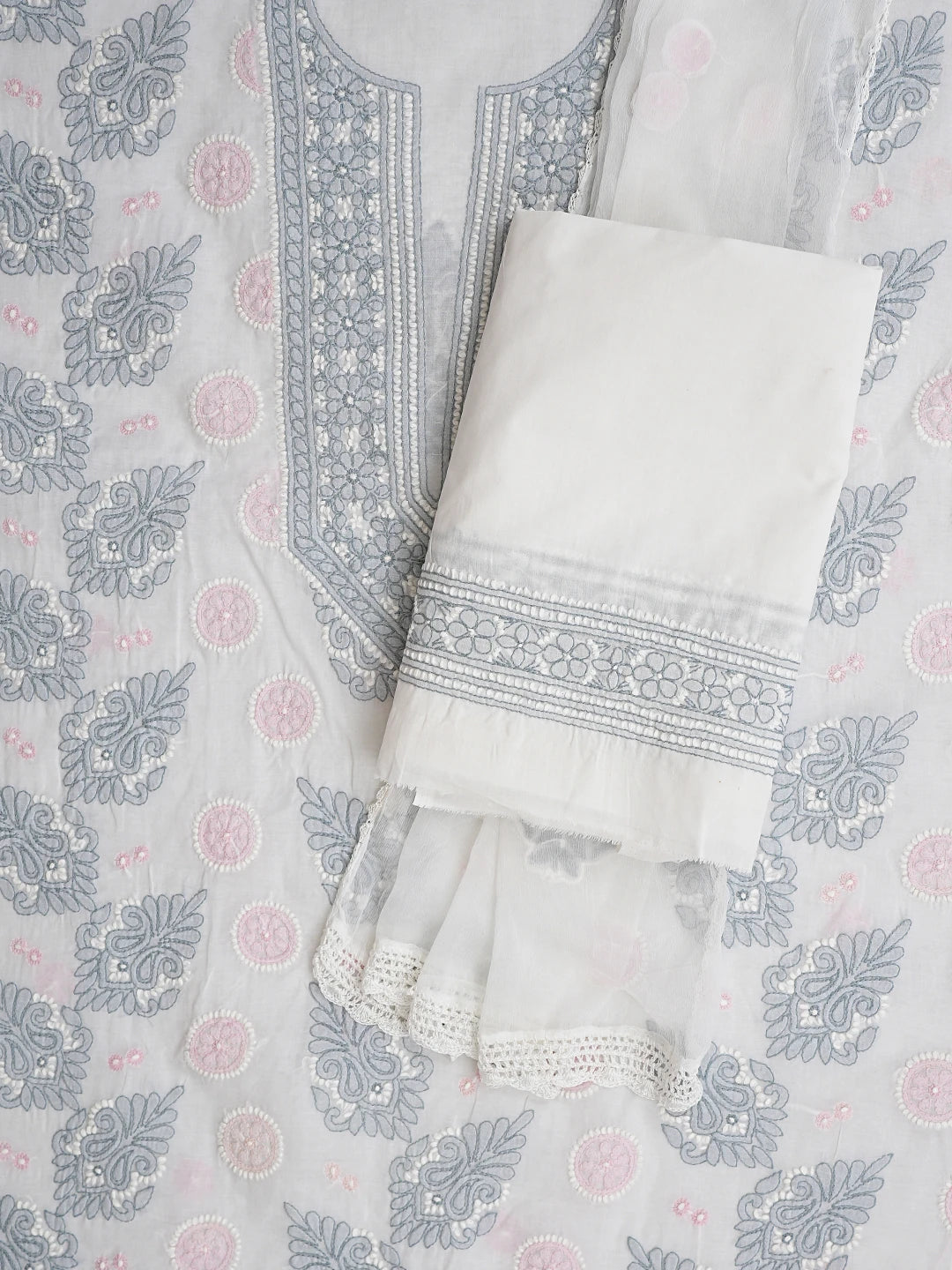 Ada Hand Embroidered Floral White Cotton Lucknowi Chikankari Unstitched Suit Piece 01A919383