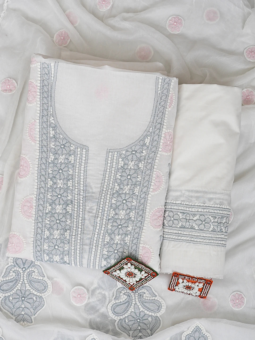 Ada Hand Embroidered Floral White Cotton Lucknowi Chikankari Unstitched Suit Piece 01A919383