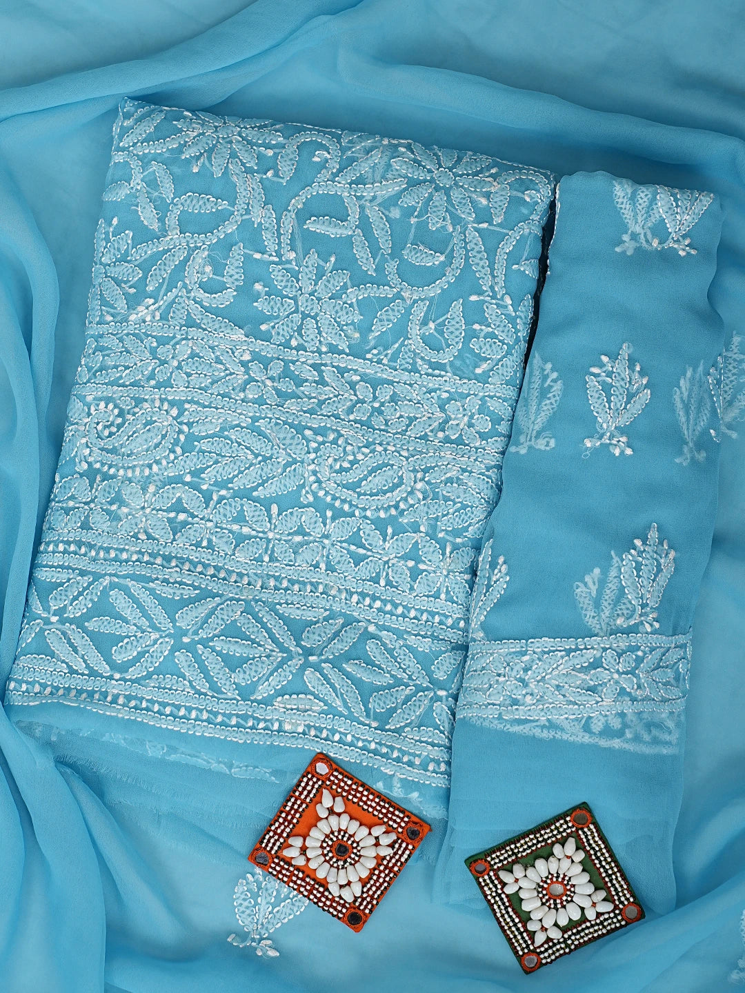 Ada Hand Embroidered Blue Faux Georgette Lucknowi Chikankari Unstitched Suit Piece 01A915180