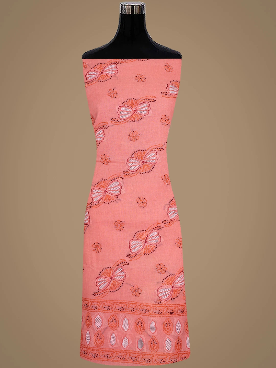 Ada Hand Embroidered Peach Cotton Lucknowi Chikankari Unstitched Suit Piece 01A915994