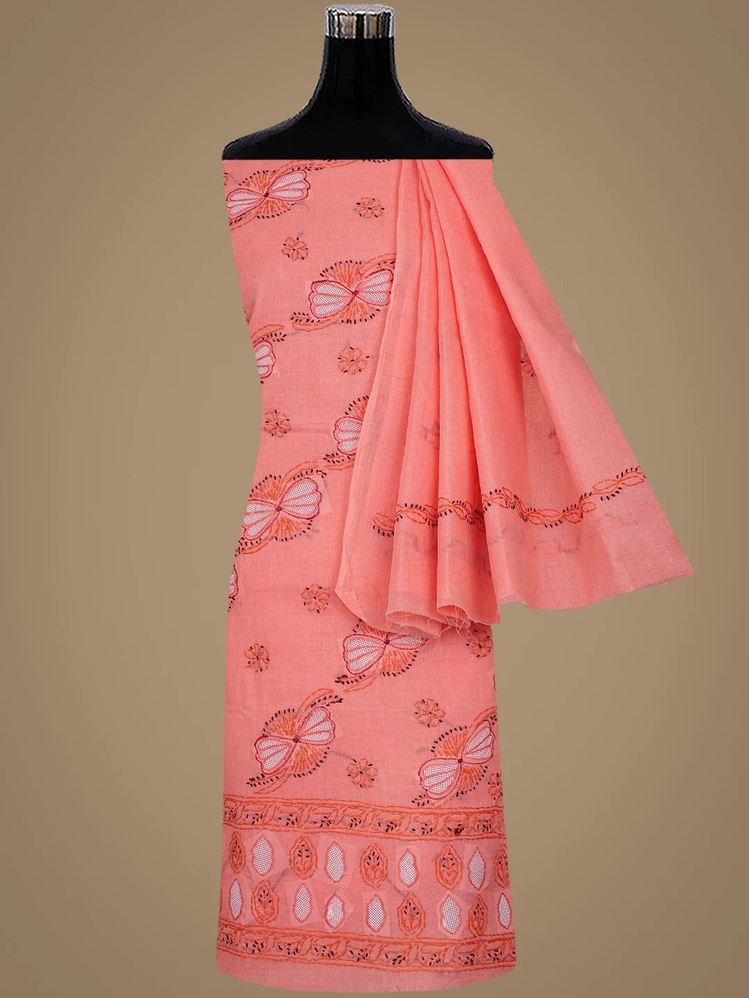 Ada Hand Embroidered Peach Cotton Lucknowi Chikankari Unstitched Suit Piece 01A915994