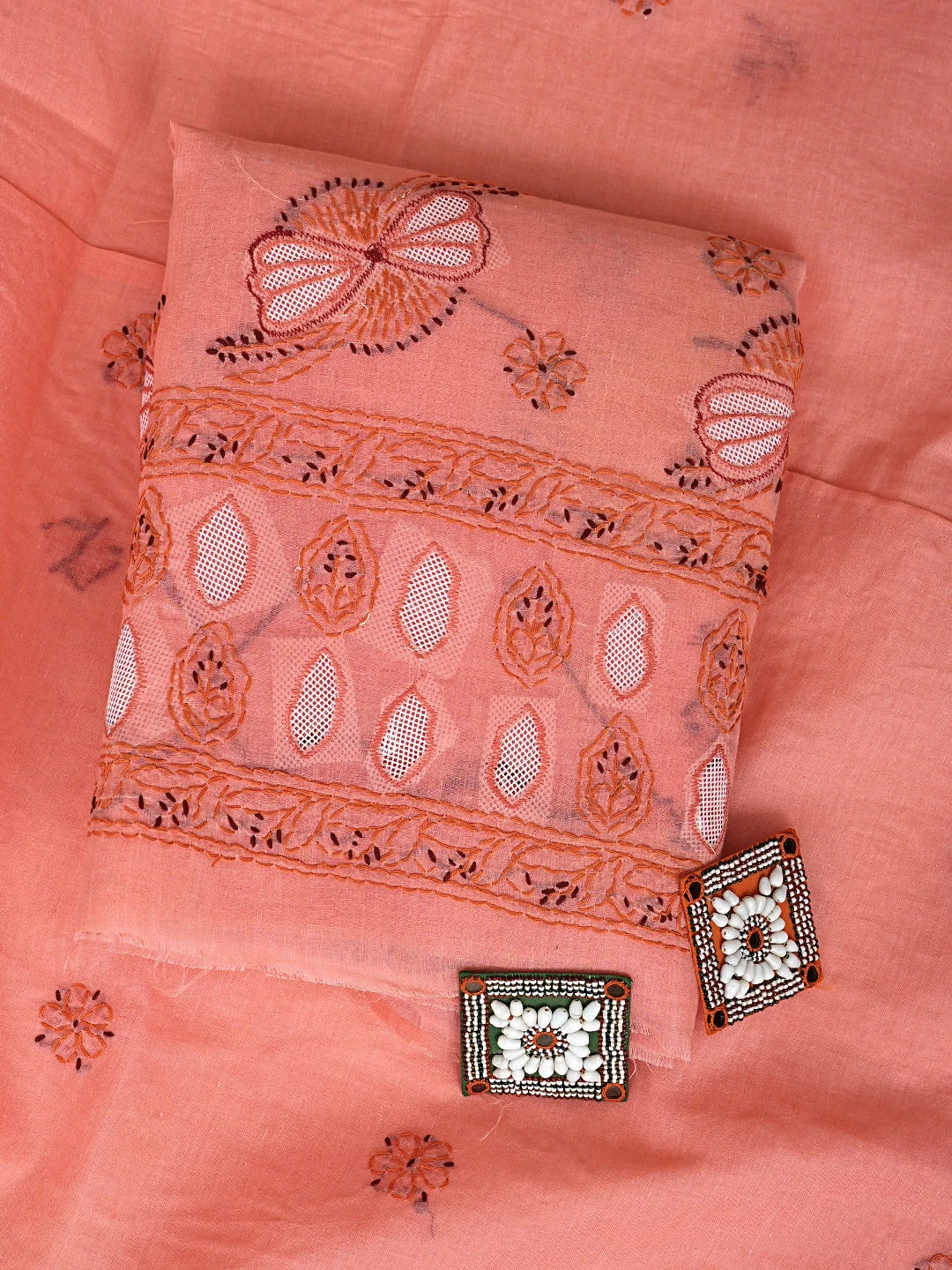 Ada Hand Embroidered Peach Cotton Lucknowi Chikankari Unstitched Suit Piece 01A915994