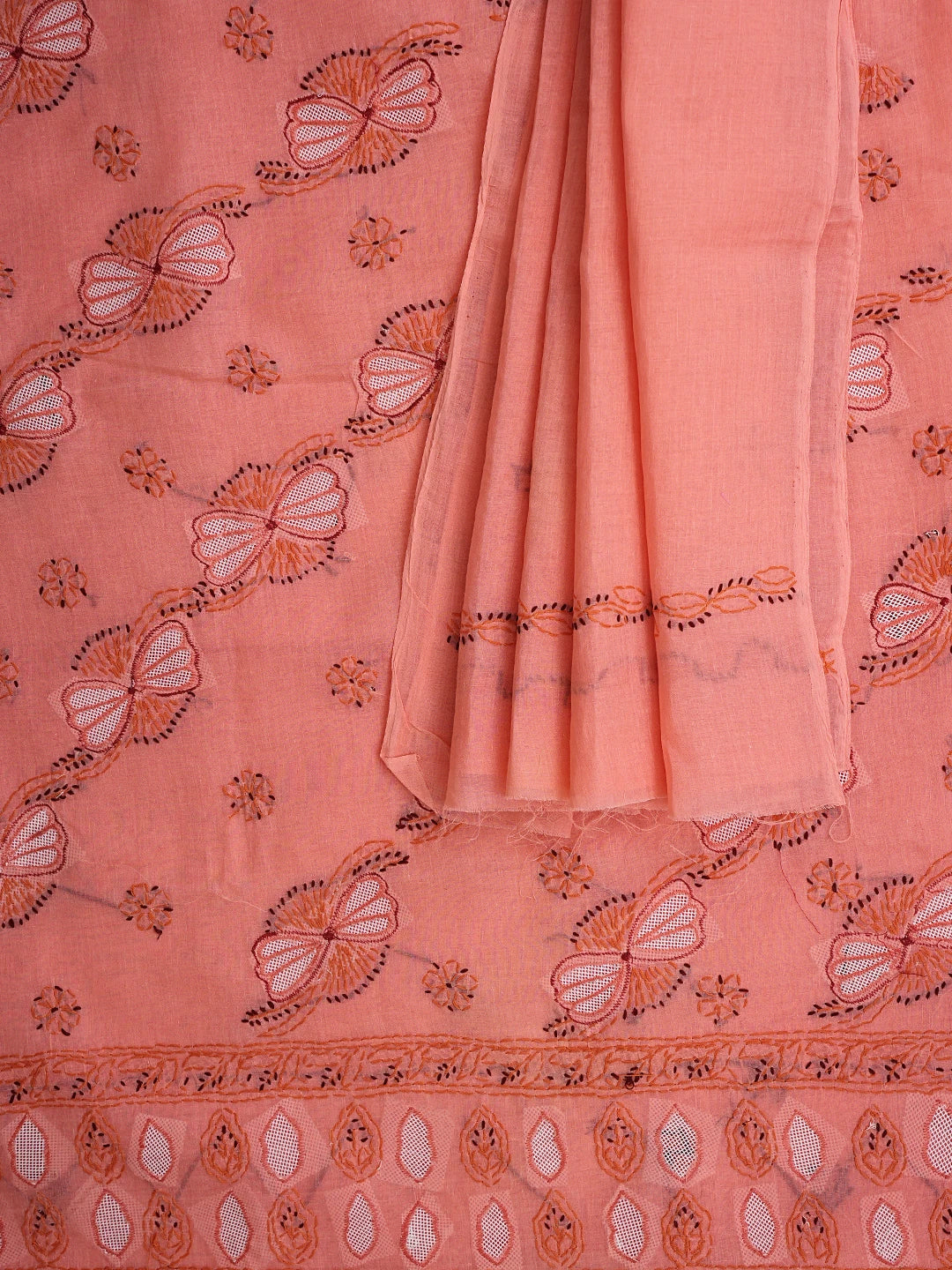 Ada Hand Embroidered Peach Cotton Lucknowi Chikankari Unstitched Suit Piece 01A915994