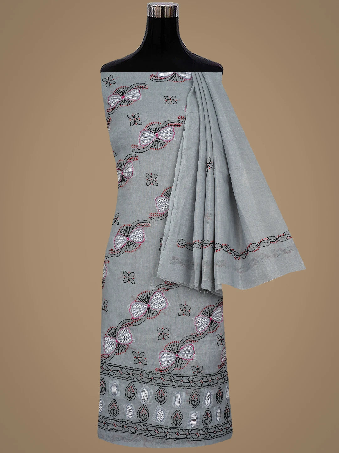 Ada Hand Embroidered Grey Cotton Lucknowi Chikankari Unstitched Suit Piece 01A916007