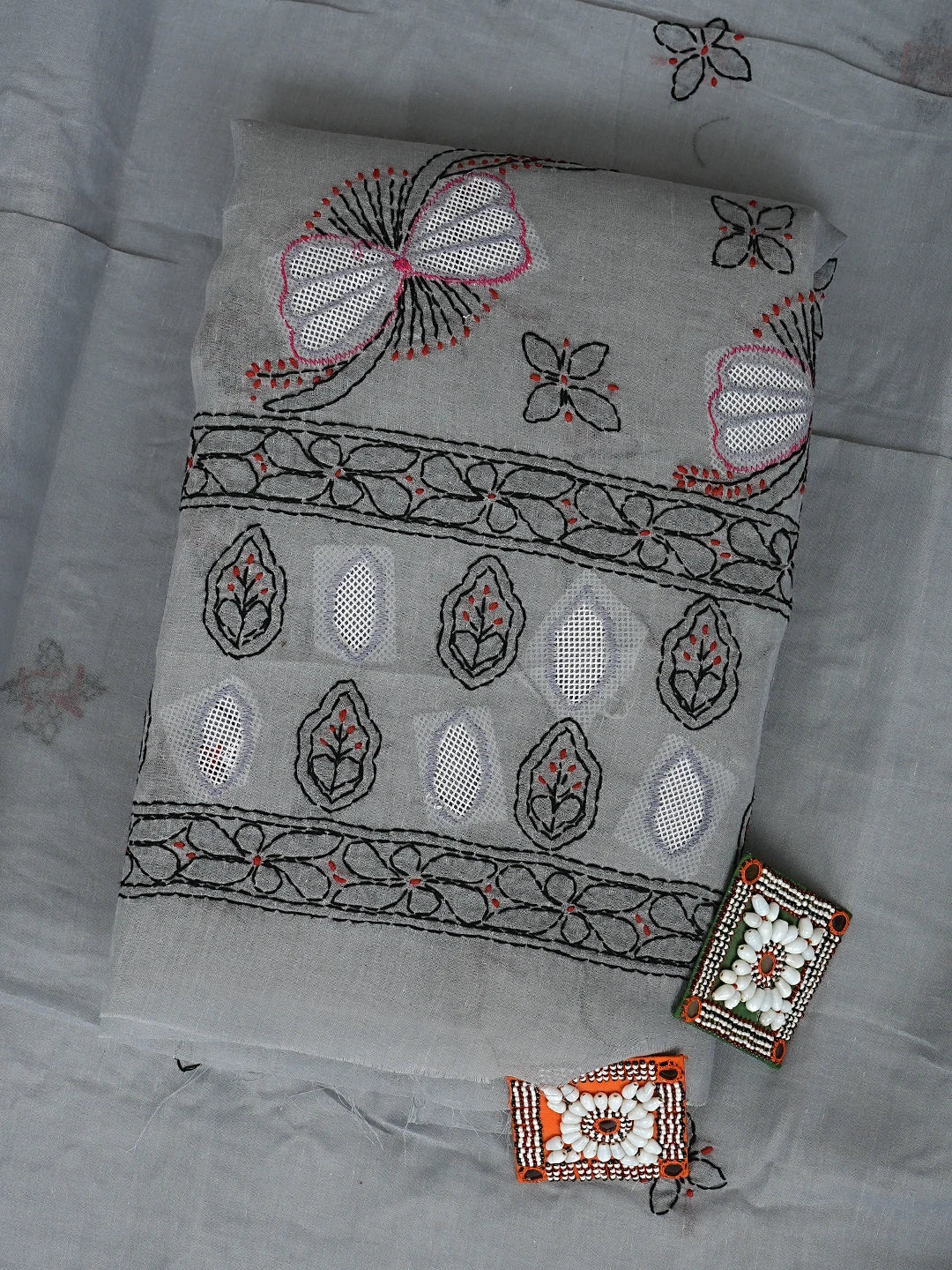 Ada Hand Embroidered Grey Cotton Lucknowi Chikankari Unstitched Suit Piece 01A916007