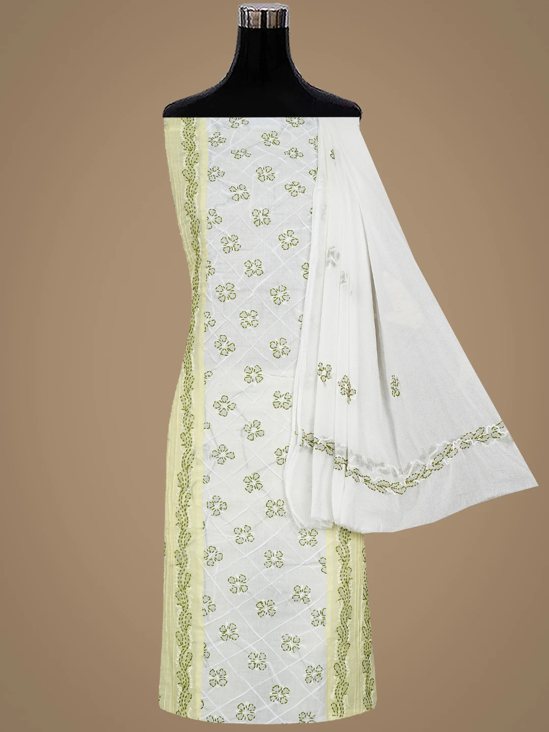 Ada Hand Embroidered Lemon Cotton Lucknowi Chikankari Unstitched Suit Piece with Chiffon Dupatta 01A913264
