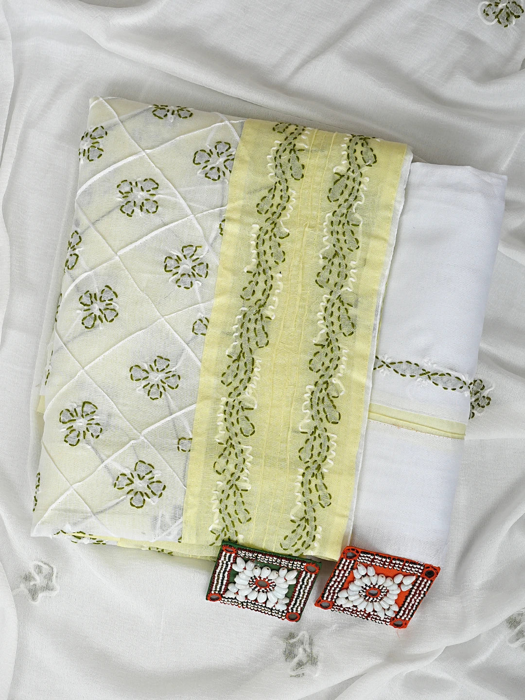 Ada Hand Embroidered Lemon Cotton Lucknowi Chikankari Unstitched Suit Piece with Chiffon Dupatta 01A913264