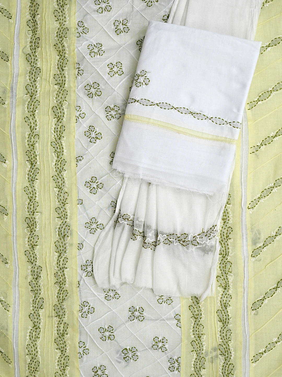 Ada Hand Embroidered Lemon Cotton Lucknowi Chikankari Unstitched Suit Piece with Chiffon Dupatta 01A913264