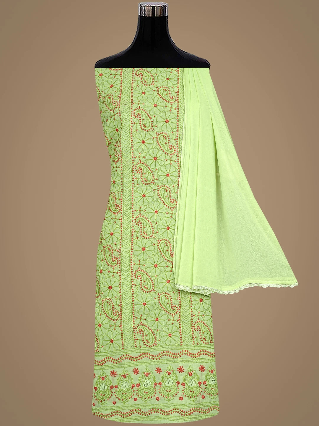 Ada Hand Embroidered Green Cotton Lucknowi Chikankari Unstitched Suit Piece 01A919464