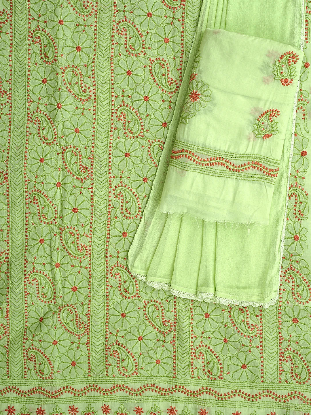 Ada Hand Embroidered Green Cotton Lucknowi Chikankari Unstitched Suit Piece 01A919464
