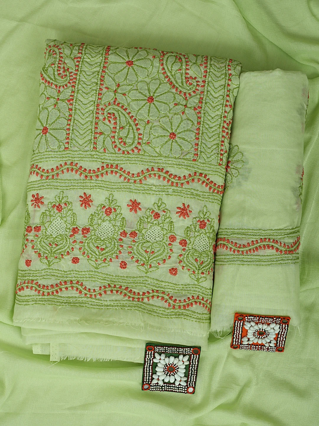 Ada Hand Embroidered Green Cotton Lucknowi Chikankari Unstitched Suit Piece 01A919464