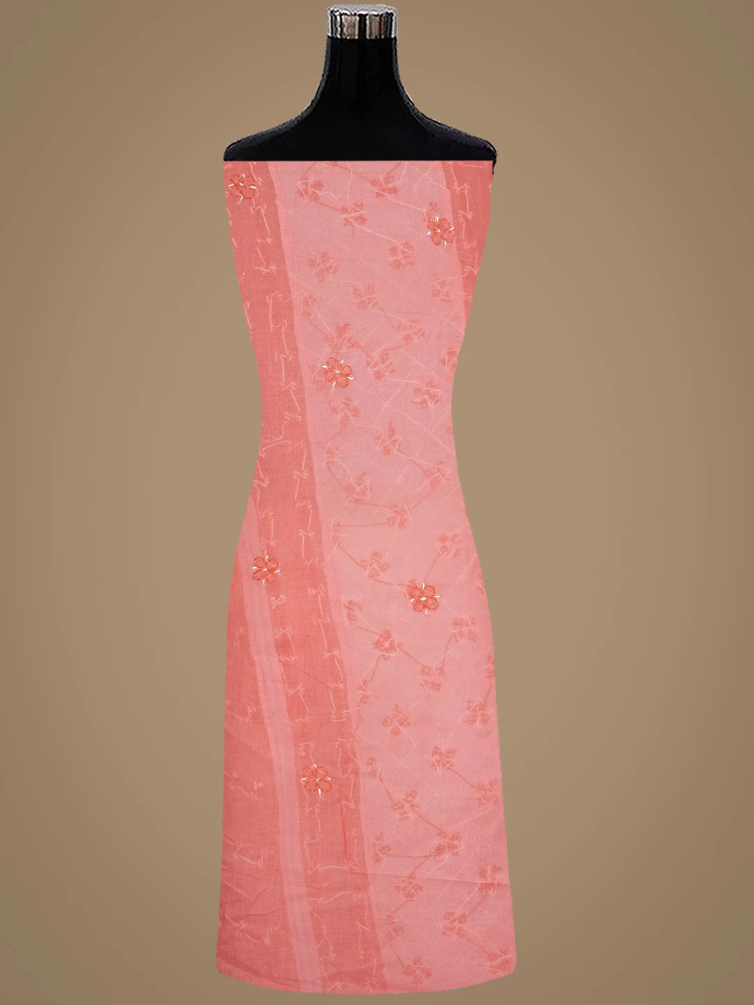 Ada Hand Embroidered Carrot Pink Cotton Lucknowi Chikankari Unstitched Suit Piece with Chiffon Dupatta 01A883319