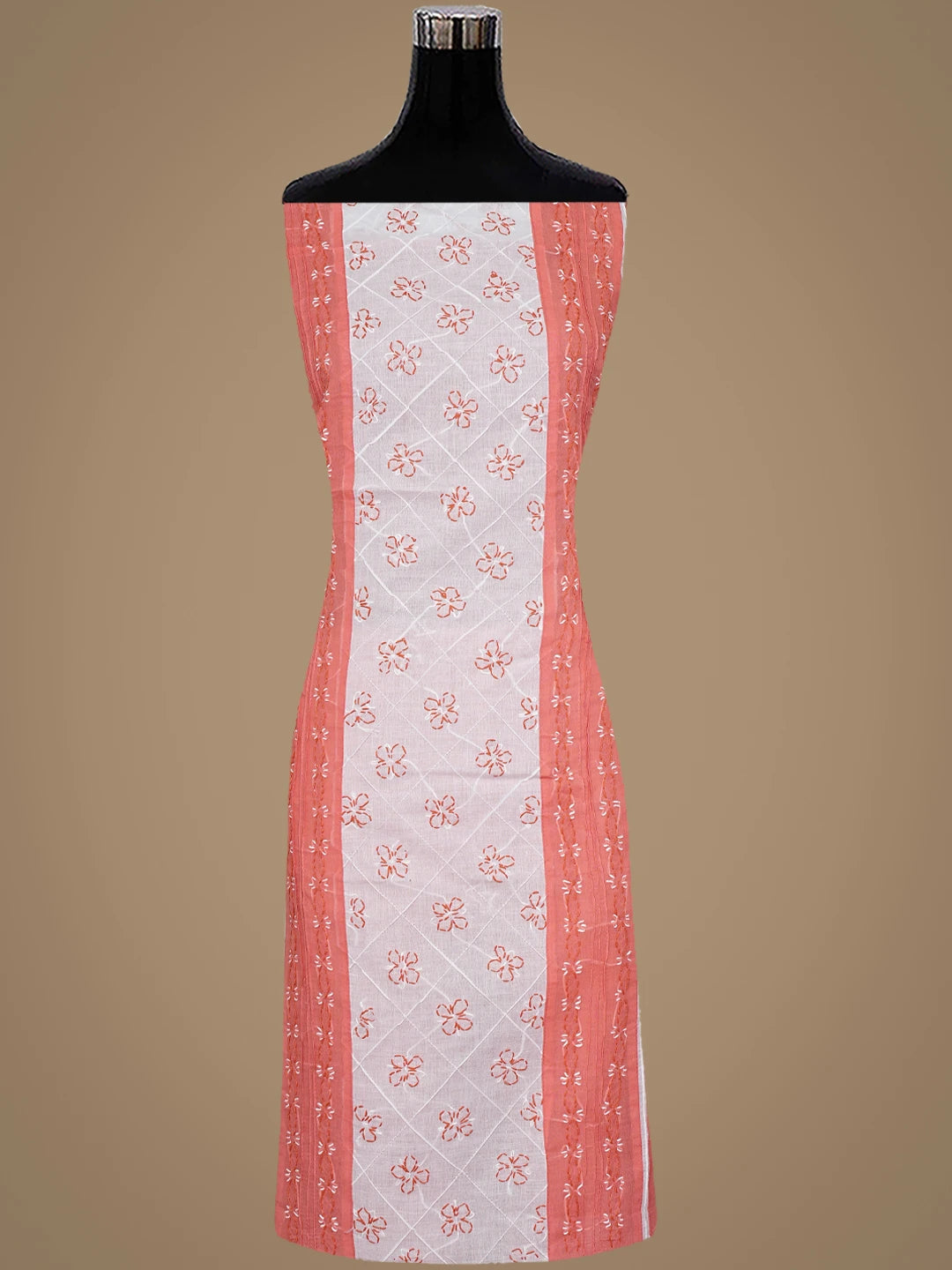 Ada Hand Embroidered Carrot Pink Cotton Lucknowi Chikankari Unstitched Suit Piece with Chiffon Dupatta 01A883319