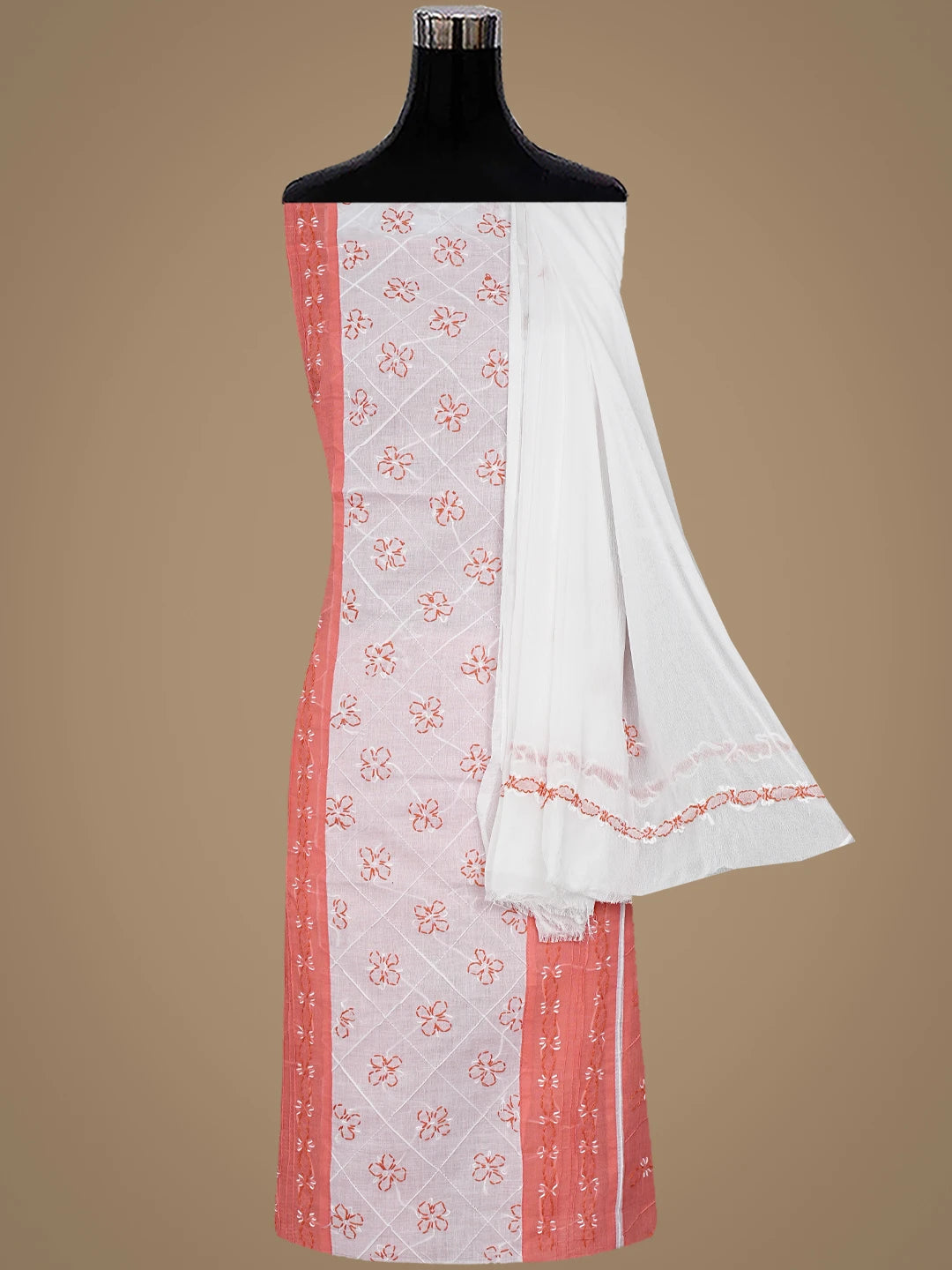 Ada Hand Embroidered Carrot Pink Cotton Lucknowi Chikankari Unstitched Suit Piece with Chiffon Dupatta 01A883319