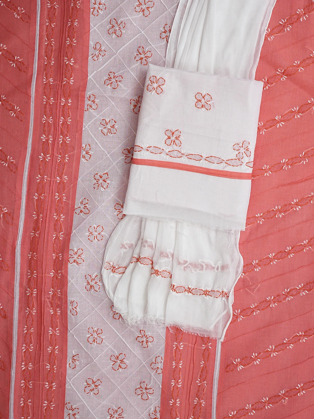 Ada Hand Embroidered Carrot Pink Cotton Lucknowi Chikankari Unstitched Suit Piece with Chiffon Dupatta 01A883319