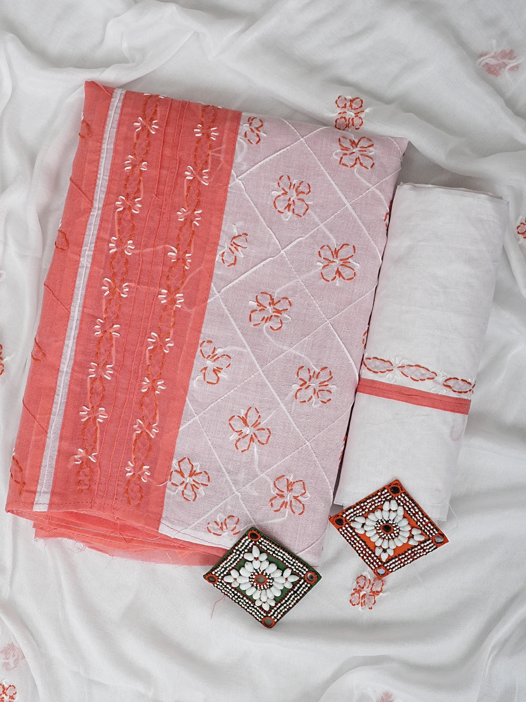Ada Hand Embroidered Carrot Pink Cotton Lucknowi Chikankari Unstitched Suit Piece with Chiffon Dupatta 01A883319