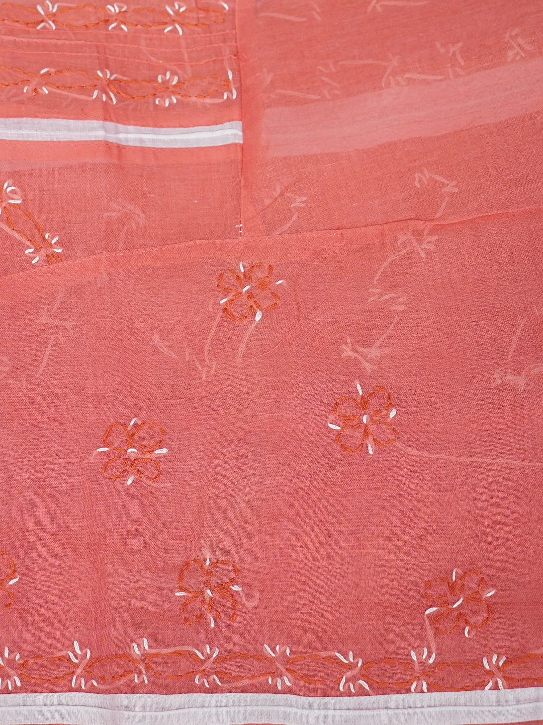 Ada Hand Embroidered Carrot Pink Cotton Lucknowi Chikankari Unstitched Suit Piece with Chiffon Dupatta 01A883319
