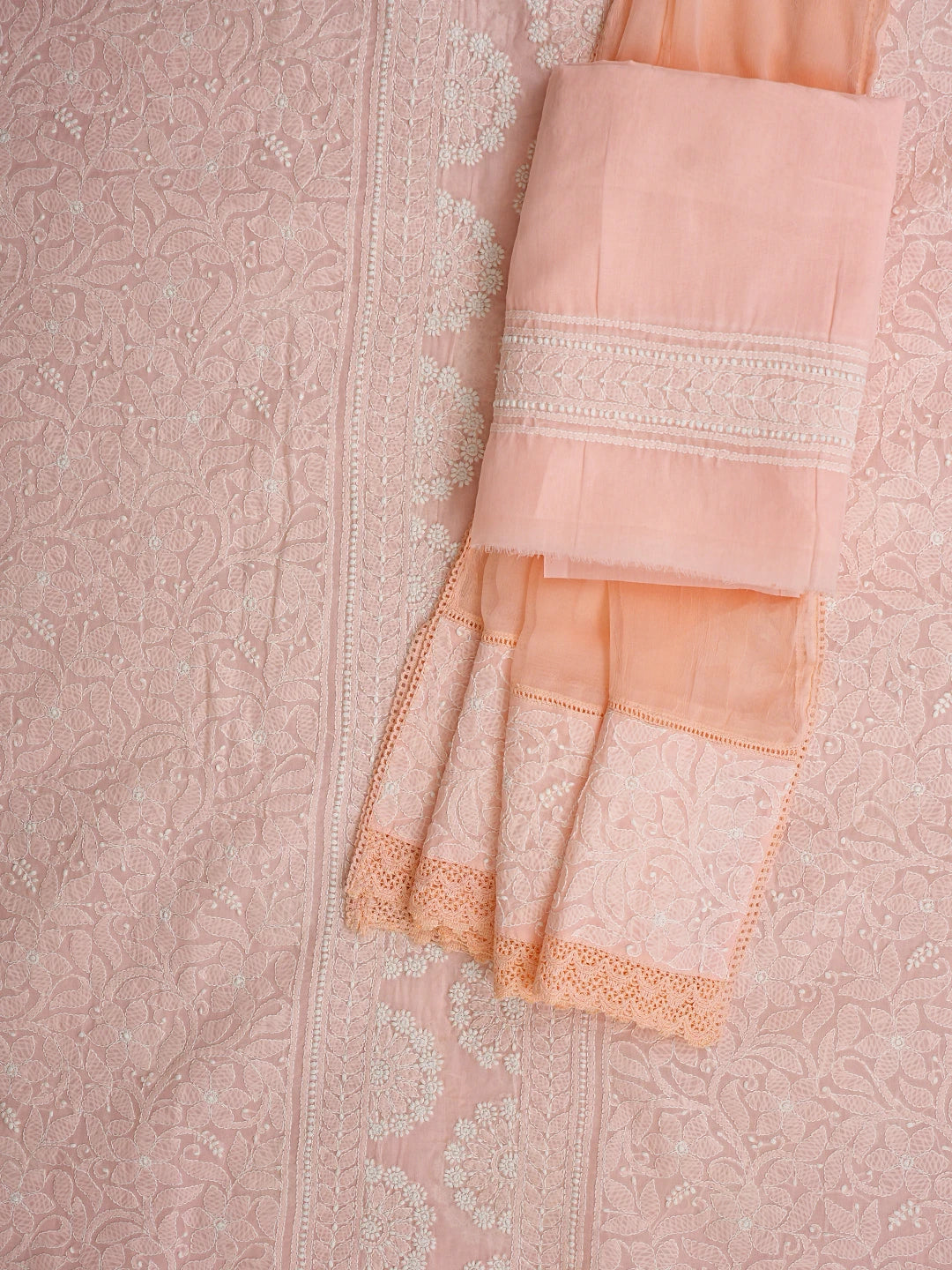 Ada Hand Embroidered Peach Cotton Lucknowi Chikankari Unstitched Suit Piece 01A919330