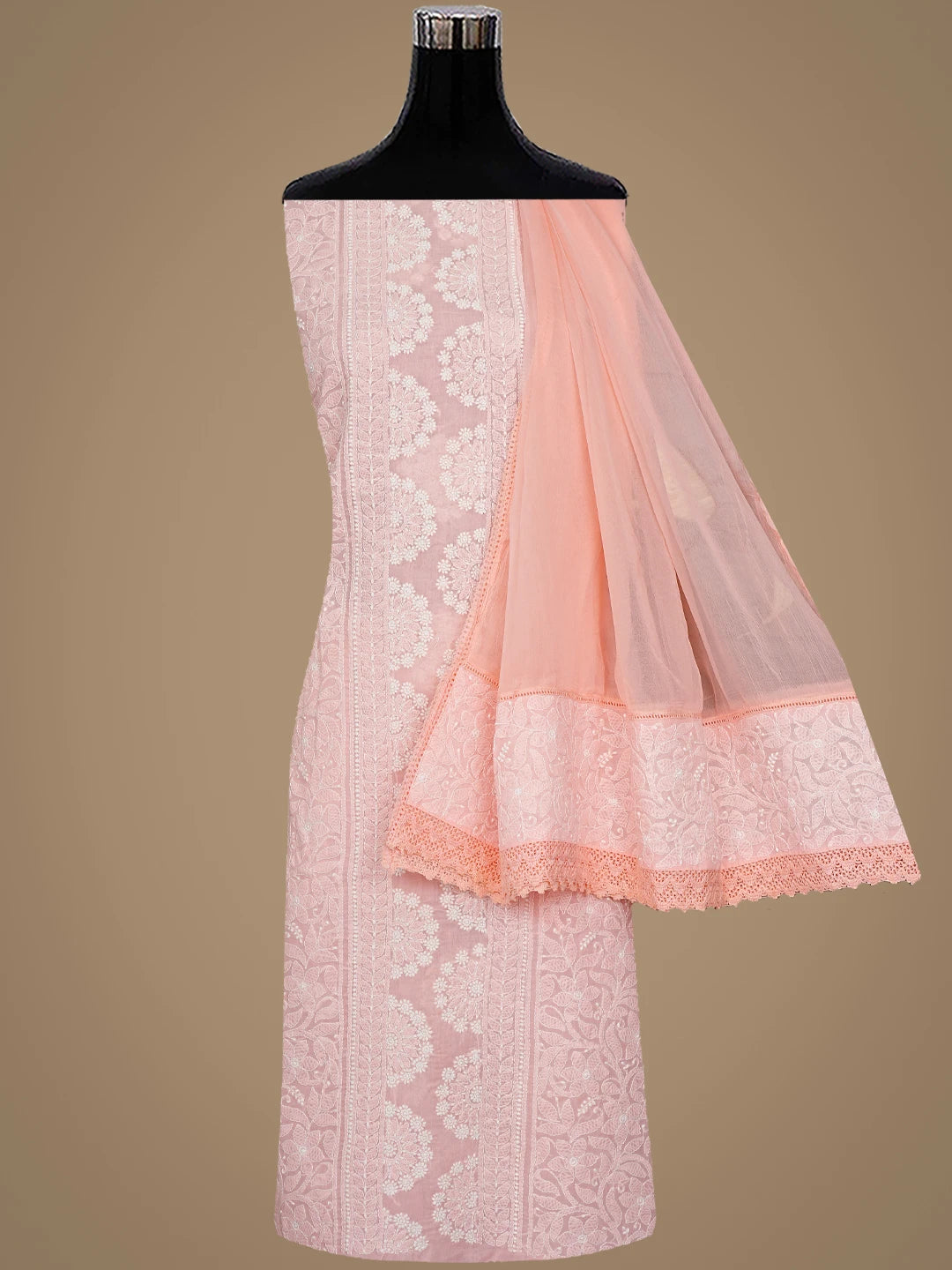 Ada Hand Embroidered Peach Cotton Lucknowi Chikankari Unstitched Suit Piece 01A919330