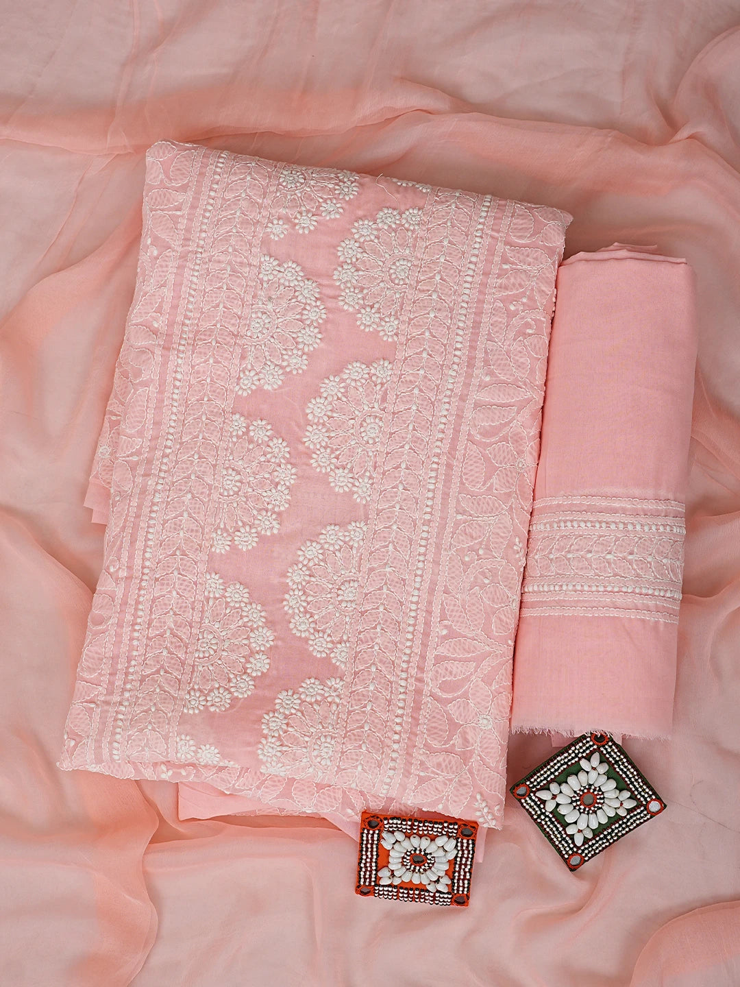 Ada Hand Embroidered Peach Cotton Lucknowi Chikankari Unstitched Suit Piece 01A919330