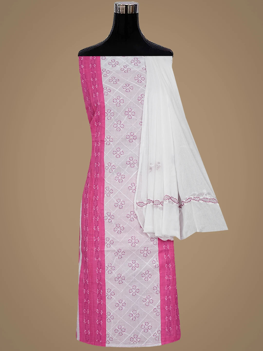 Ada Hand Embroidered Magenta Cotton Lucknowi Chikankari Unstitched Suit Piece with Chiffon Dupatta 01A883312