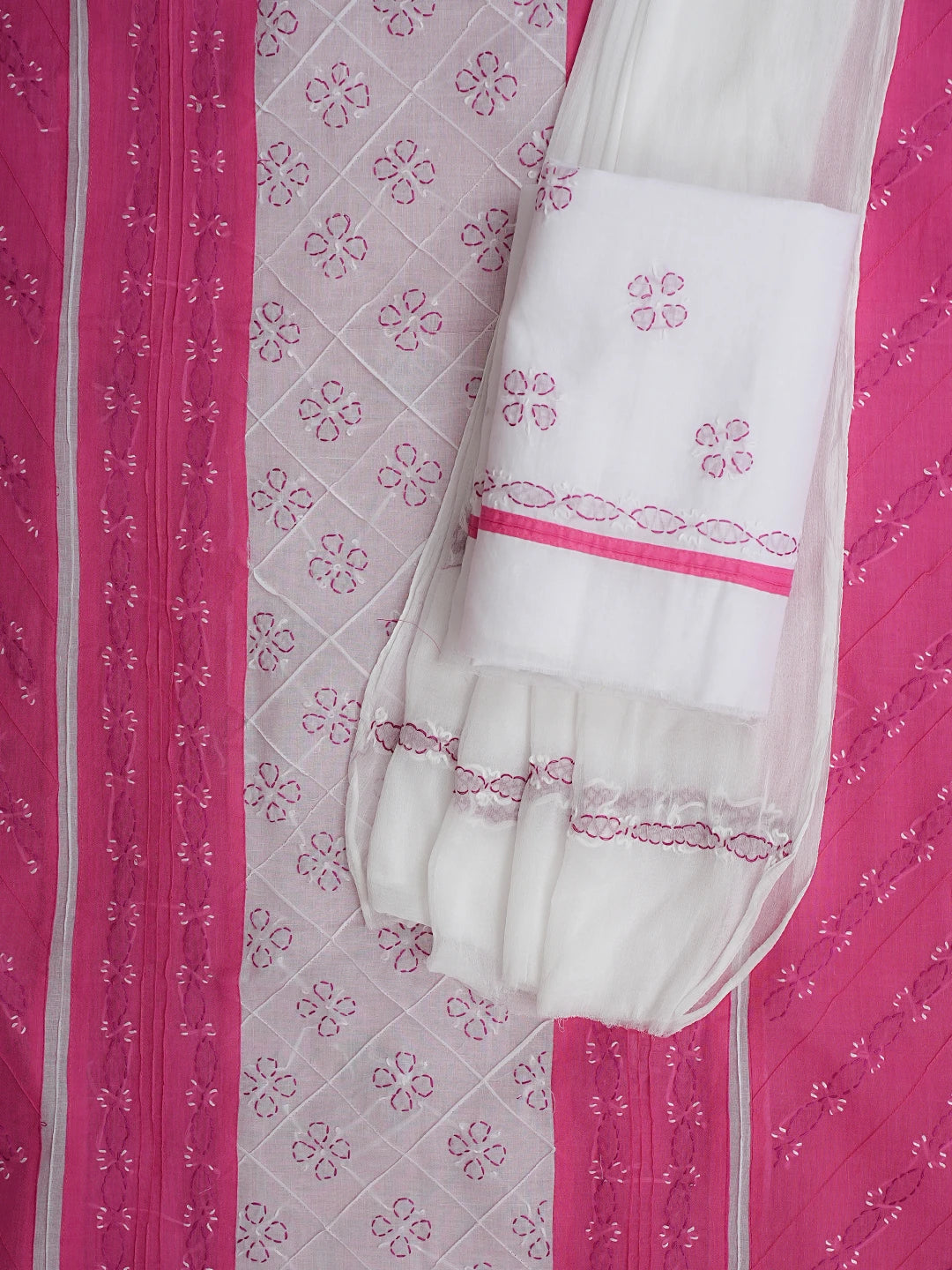 Ada Hand Embroidered Magenta Cotton Lucknowi Chikankari Unstitched Suit Piece with Chiffon Dupatta 01A883312
