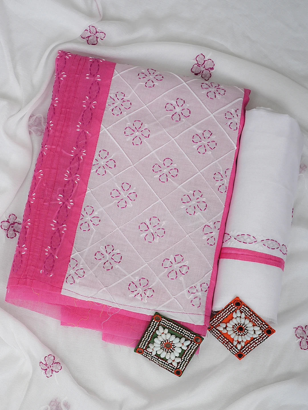 Ada Hand Embroidered Magenta Cotton Lucknowi Chikankari Unstitched Suit Piece with Chiffon Dupatta 01A883312