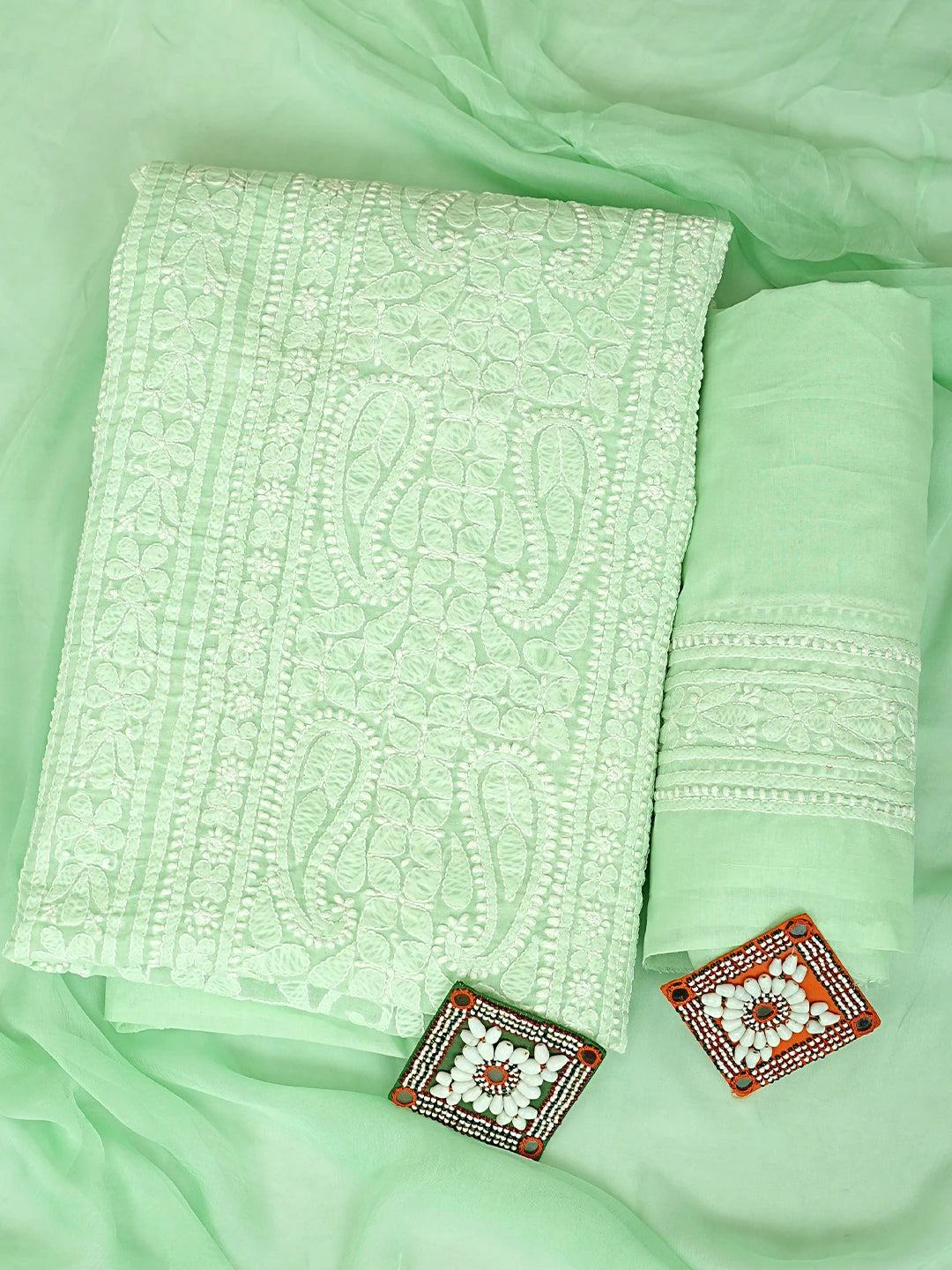 Ada Hand Embroidered Light Green Cotton Lucknowi Chikankari Unstitched Suit Piece 01A919329