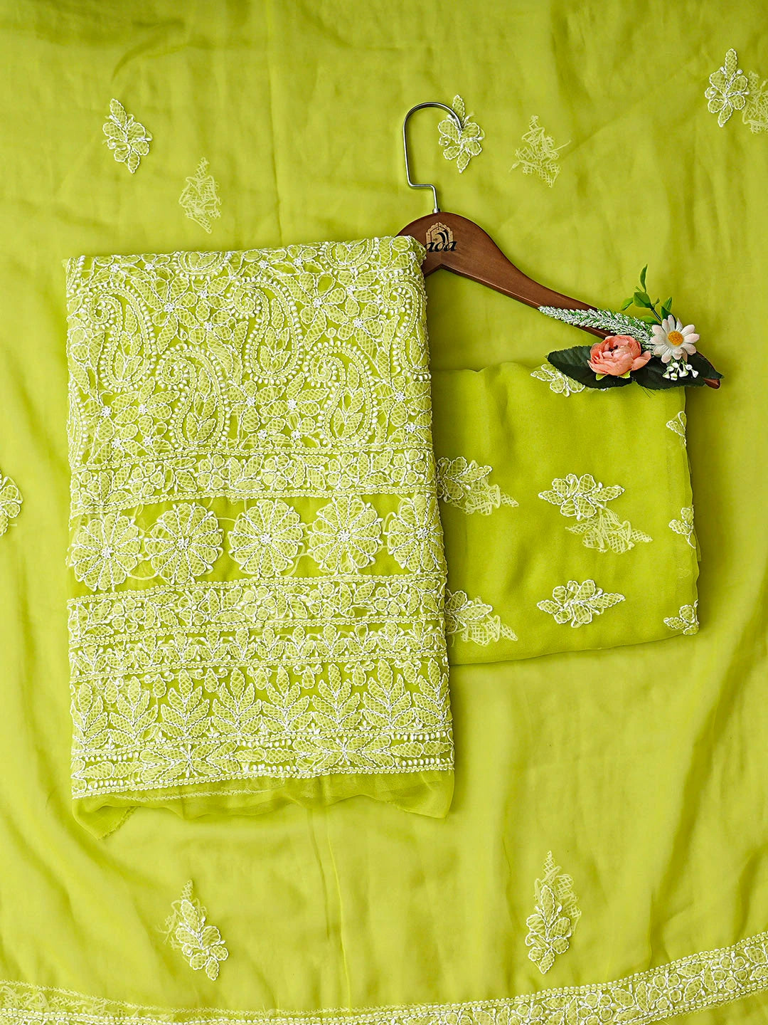 Ada Hand Embroidered Parrot Green Georgette Lucknowi Chikankari Unstitched Suit Piece 01A915205