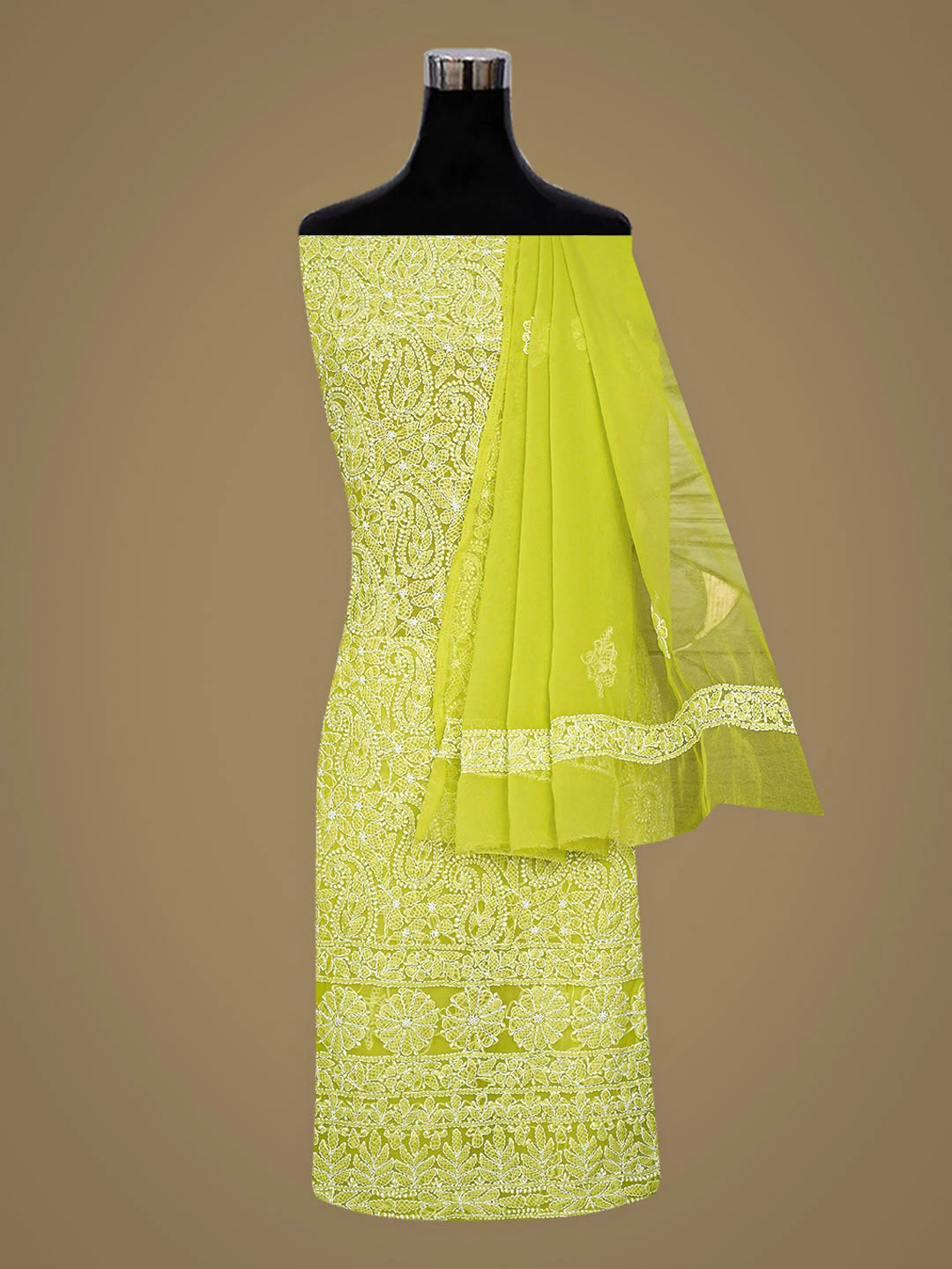 Ada Hand Embroidered Parrot Green Georgette Lucknowi Chikankari Unstitched Suit Piece 01A915205