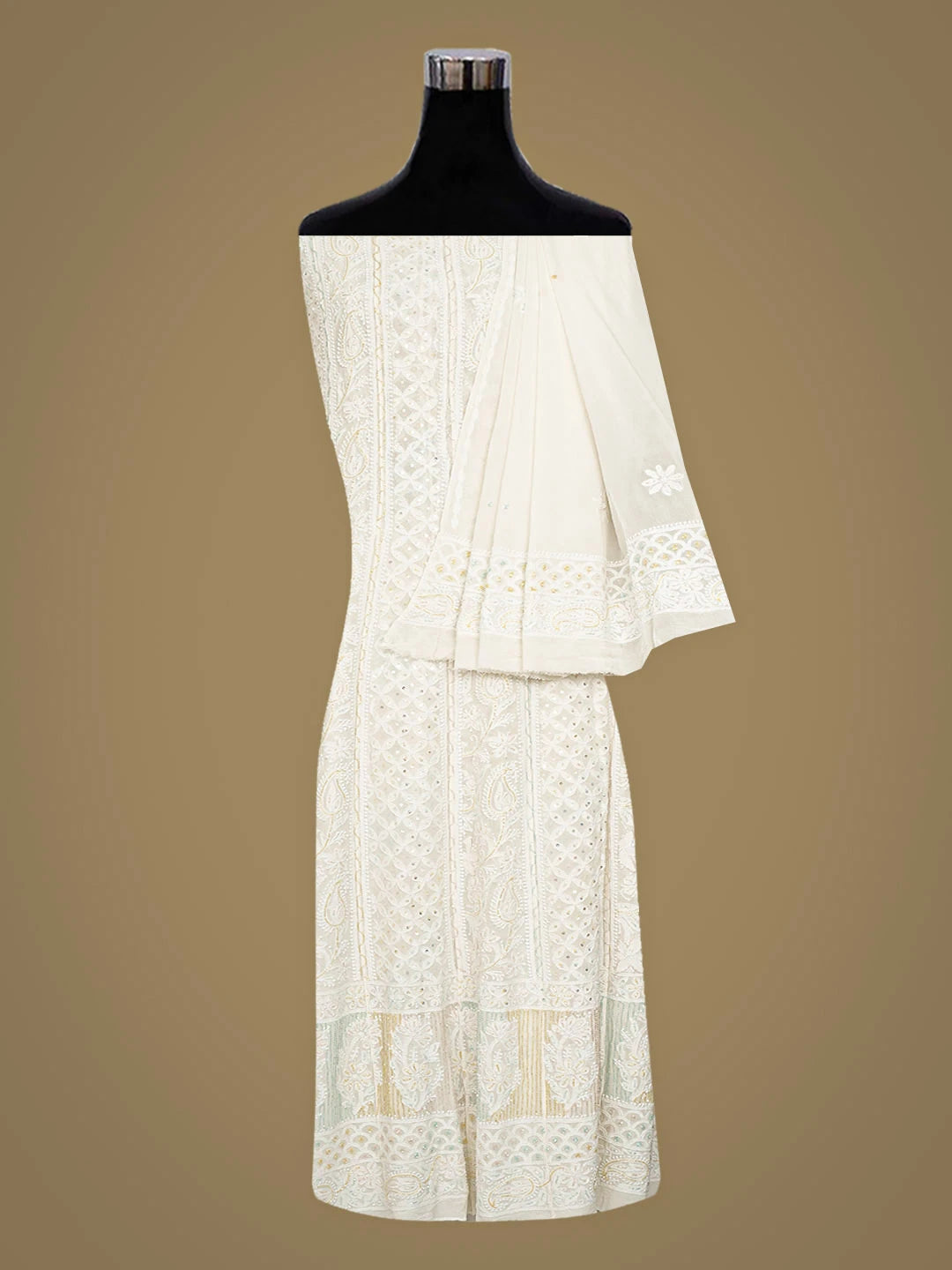 Ada Hand Embroidered White Pure Georgette Lucknowi Chikankari Semi-Stitched Anarkali Kurta Dupatta Set With Cutdana Work 01A905546