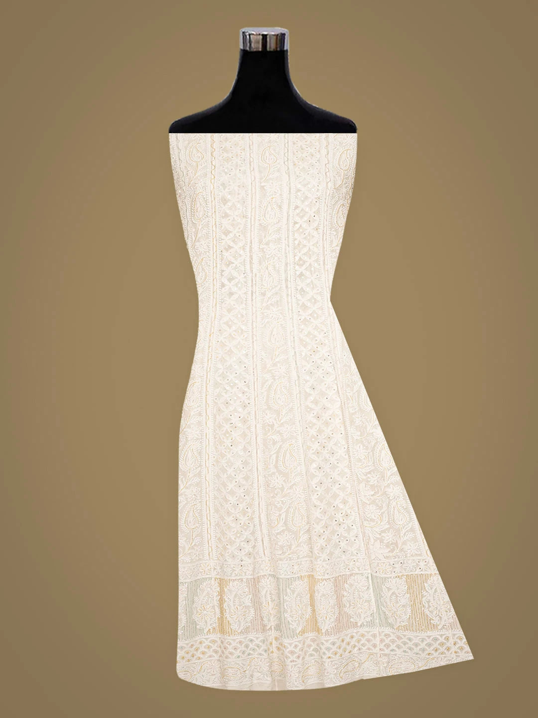 Ada Hand Embroidered White Pure Georgette Lucknowi Chikankari Semi-Stitched Anarkali Kurta Dupatta Set With Cutdana Work 01A905546